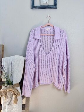 Oli & Hali Lilac Open-Knit V-Neck Sweater